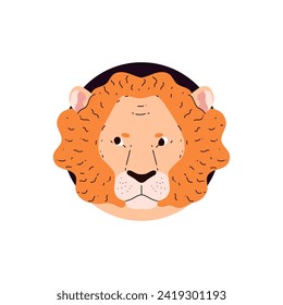 Lion zodiac sign. Astrological zodiac icon, Lion head with mane in black circle frame. Flat design Lion Horoscope symbol isolated on white. African wild king animal predator vector illustration