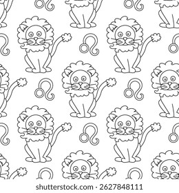 Lion zodiac sign in the form of cute cat seamless pattern. Line art on white background. Vector illustration
