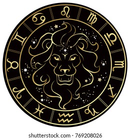 Lion. Zodiac sign on a dark background in a gold frame with stars. Vector illustration.