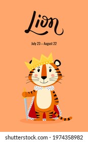 Lion zodiac sign. A postcard with a tiger, the symbol of 2022, the year of the tiger according to the lunar or Chinese calendar. Vector stock flat hand-drawn illustration