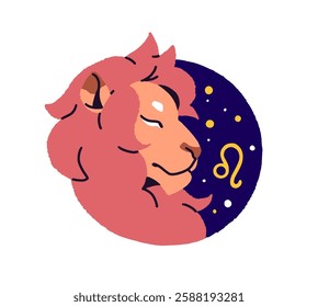 Lion zodiac sign. Round avatar of constellation. Circle icon of astrology calendar element. Destiny by stars, month of birth. Horoscope profile. Flat isolated vector illustration on white background