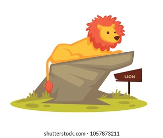 Lion zoo animal and wooden signboard vector cartoon icon for zoological park