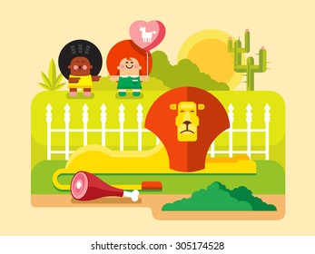 Lion zoo. King animal wild, predator mammal, wildlife and leo. Flat vector illustration