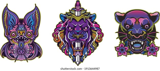 Lion-Bat-Puma Heads Illustration Full-color style