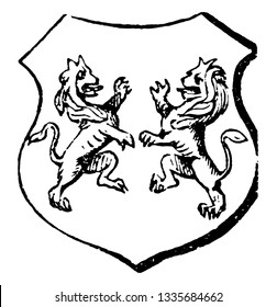 Lioncels Combatant is a French word for fighting, vintage line drawing or engraving illustration.