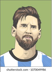 Lionel Messi, an Argentine professional footballer. Vector Portrait Drawing Illustration. April 16, 2018