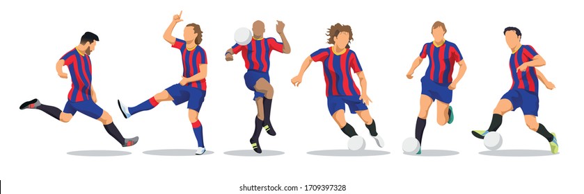 Lionel Messi, Johannes Cruijff, Lilian Thuram, Carles Puyol, Antoine Griezmann, Xavi Hernandez. Football Players. 26 March 2020. Barcelona, Spain. Goal Celebration. Vector Isolated Illustration.