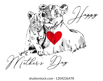 Lioness With Cub Vector Sketch Illustration Happy Mother's Day Card