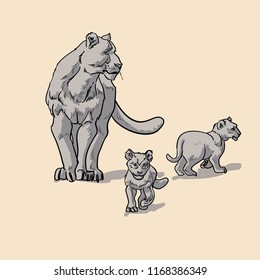 Lioness with cubs in gray tone. Vector illustration isolated on background. Safari, grasy plains animals.
