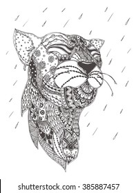 Lioness with ethnic floral doodle pattern. Coloring page - zendala, design for spiritual relaxation for adults, vector illustration, isolated on a white background. Zen doodles.