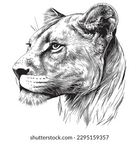 Lioness face hand drawn sketch illustration, Wild animals