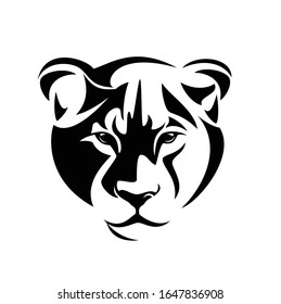 lioness full face head portrait - wild african cat looking forward black and white vector design
