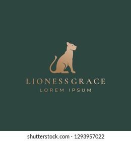 Lioness Grace Abstract Vector Sign, Emblem or Logo Template. Gracefull Sitting Lion Silhouette with Retro Typography. Vintage Premium Label. Classy Green Background.