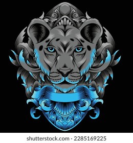 lioness head illustration with baroque ornament