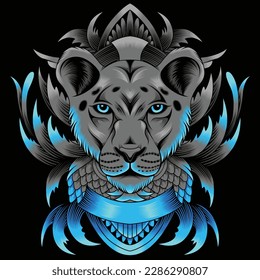 lioness head illustration with baroque ornament