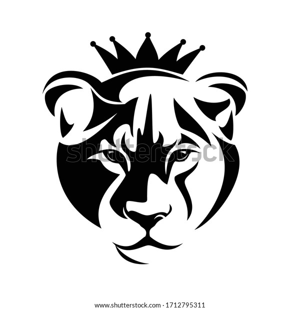 lioness head looking forward wearing royal crown\
black and white vector\
portrait