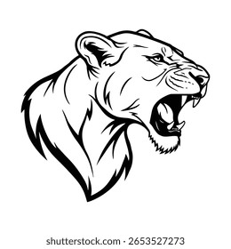 Vetor de cabeça de leão, Ilustração de leão rugido, Clipart de leão fêmea selvagem, Arte de predador de selva, Desenho feroz leão