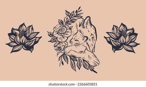 Lioness, lion cub, lily, flowers, peonies, buds, leaves, branches, wreath, crown, graphics, strokes, on a beige background, silhouette, lines, in the style of tattoo graphics. t-shirt print graphic 