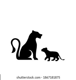 Lioness and lion cub predator black silhouette animal. Vector Illustrator.