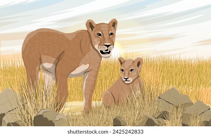 A lioness and lion cub are resting in the African savannah. African wild predators. Realistic vector landscape