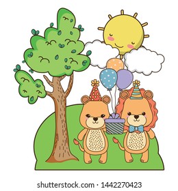 Lioness and lion with happy birthday icon design