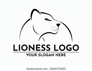 Lioness Logo with Brand and Slogan Insertion Female Lion Profile Face and Circular Body Icon Black Lines