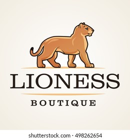 Lioness logo vector. Lion design template. Shop or boutique illustration. Big cat insignia, Cougar logotype on light background