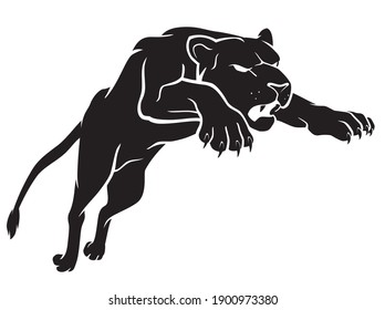 Lioness Lunges, Animal Predator Illustration Silhouette