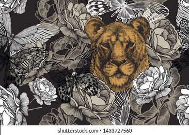 Lioness with roses and butterflies. Seamless floral wallpaper. Hand drawing, vector illustration. 