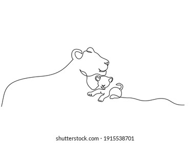 Lioness and small cub. Lion family. Continuous one line drawing. Vector illustration. Line art