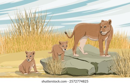 Lioness teaches lion cubs to jump on rocks and hunt. African wild predators in savannah. Realistic vector landscape