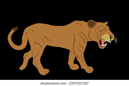 Lioness vector illustration isolated on black background. Lion female. Animal king. Big cat. Pride of Africa. Leo zodiac symbol. Wildlife predator. African big five. Mountain lion cougar.