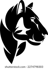 Retrato de contorno vectorial blanco y negro de leona o puma salvaje. Diseño sencillo de cabeza animal.