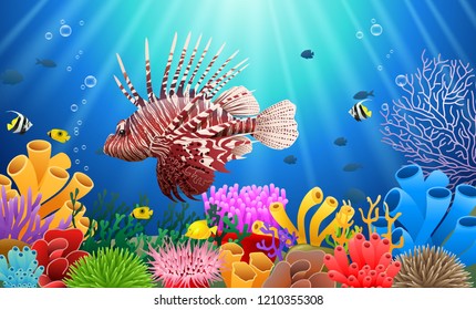 Lionfish and coral reefs in the sea. underwater beauty. Vector illustration