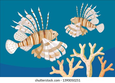 lionfish and corals vector illustration