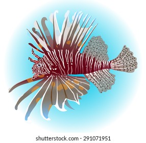 Lionfish or devil firefish, one of mostly impressive coral fishes. Vector illustration.