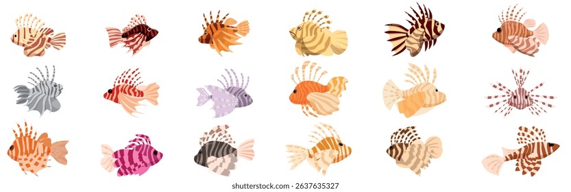 Lionfish icons set. Set of colorful lionfish variations, showcasing their vibrant hues and intricate patterns