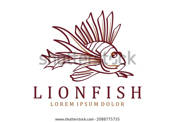 Lionfish Pteoris,\
Coral Lion Fish Ocean Creature Sketch Drawing Logo design for\
Tropical Seafood Restaurant\
Bar