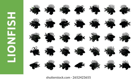 Lionfish Silhouette Icon: Venomous Marine Life and Aquatic Threat Black Vector