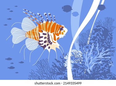 Lionfish, silhouettes of coral fish, coral and algae. Underwater landscape. Flat vector illustration.