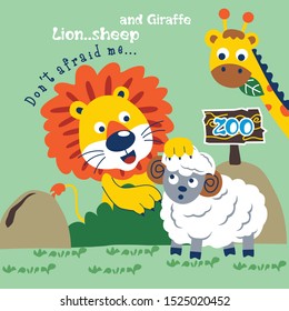 lion,giraffe and sheep in the zoo funny animal cartoon,vector illustration