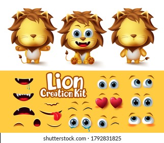 Lions animal characters creation vector set. Lion animals character editable eyes and mouth body parts create kit with different emotion and expression for cartoon collection design.
