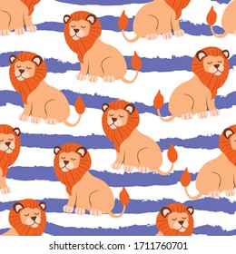 Lions, animal, childish, hand drawn, flat, fashion vector seamless pattern. Concept for wallpaper, wrapping paper, cards 