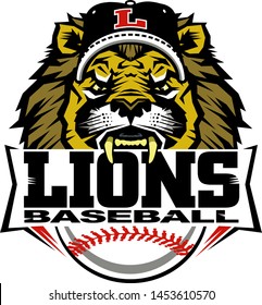 lions baseball team design with half mascot wearing ball cap for school, college or league