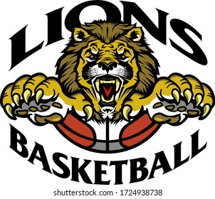 lions basketball team design with ball and mascot for school, college or league