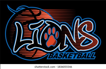 lions basketball team design with ball and paw print for school, college or league