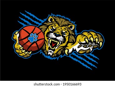 lions basketball team mascot holding ball in claw for school, college or league