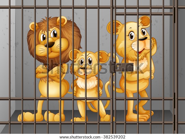 ライオンが檻の中に閉じ込められているイラスト のベクター画像素材 ロイヤリティフリー