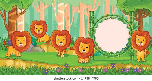 lions with a blank sign bamboo in the forest