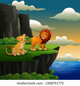 Lions cartoon roaring on the cliff background